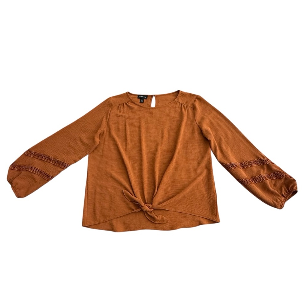 I.N. Studio Terracotta Tie-Front Blouse with Necklace Size XL Boho Chic Casual
